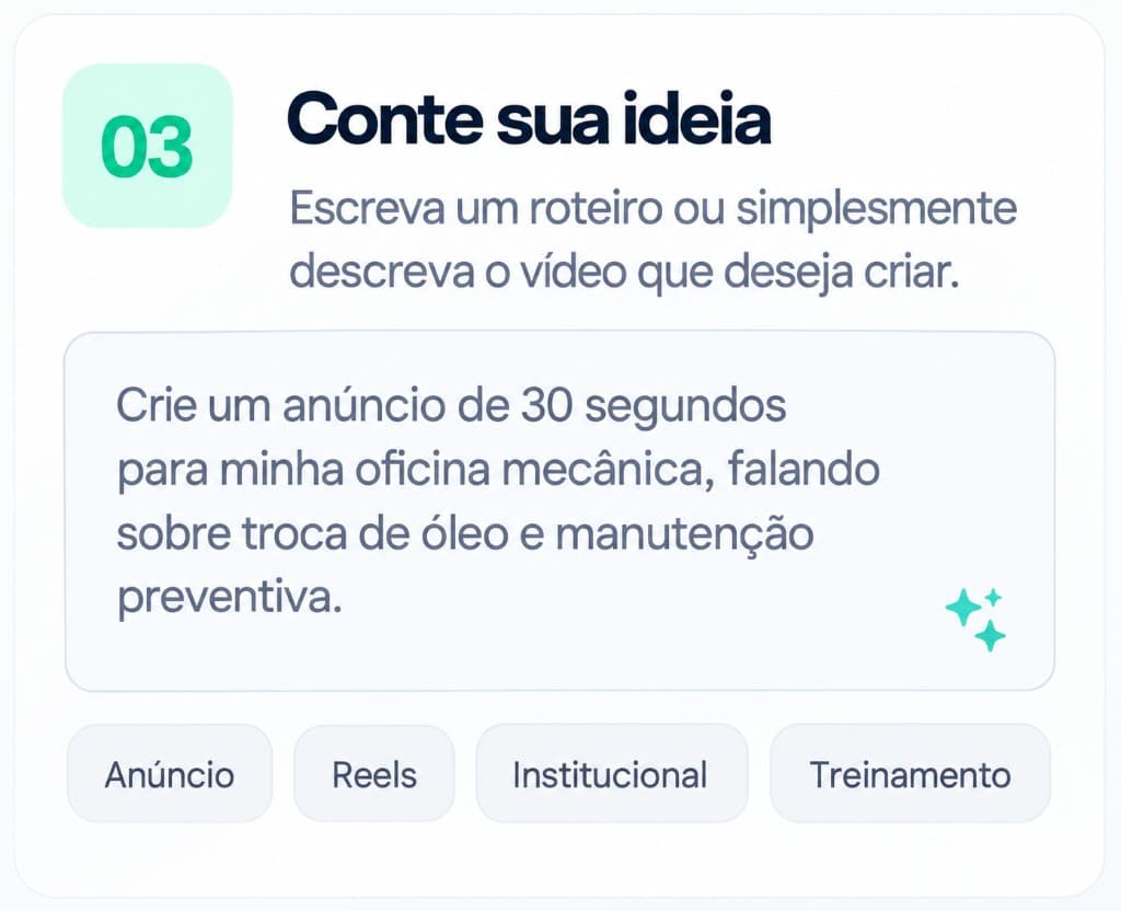 Conte sua ideia — Escreva um roteiro ou simplesmente descreva o vídeo que deseja criar.